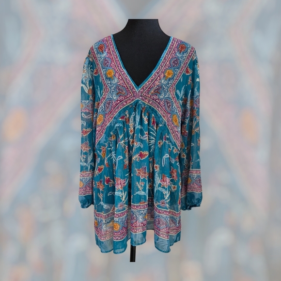 Rose & Olive Teal and Pink Floral Tunic Size L - Picture 1 of 7